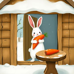 In a cozy winter scene, a small white rabbit is inside a charming little wooden cabin, cradling a bright red carrot in its arms