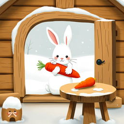 In a cozy winter scene, a small white rabbit is inside a charming little wooden cabin, cradling a bright red carrot in its arms