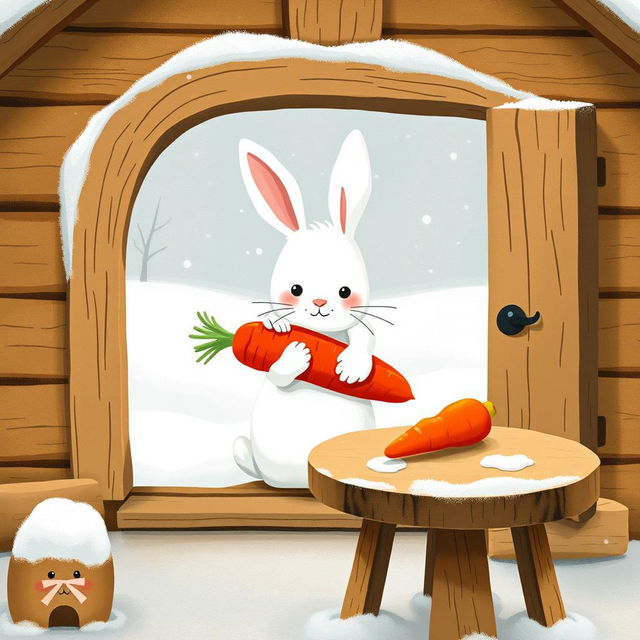 In a cozy winter scene, a small white rabbit is inside a charming little wooden cabin, cradling a bright red carrot in its arms