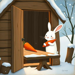 In a cozy winter scene, a small white rabbit is inside a charming little wooden cabin, cradling a bright red carrot in its arms
