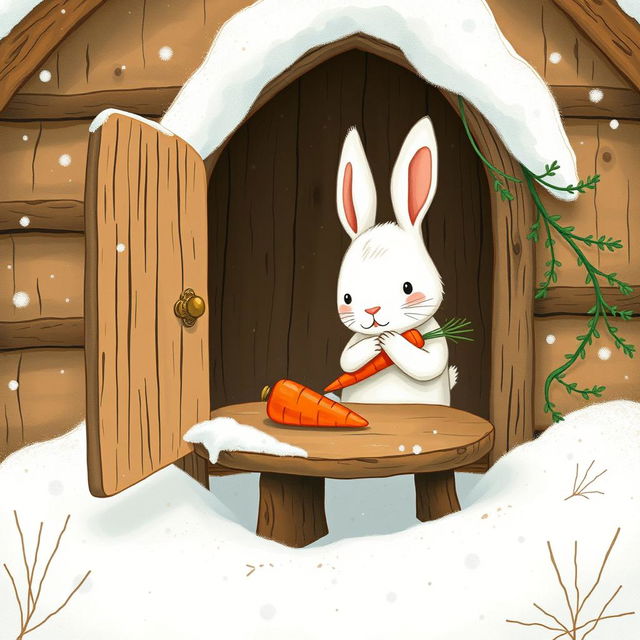 In a charming winter scene, a small white rabbit is nestled inside a cozy little wooden cabin, cradling a single bright red carrot in its arms