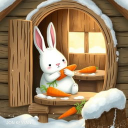 In a charming winter scene, a small white rabbit is nestled inside a cozy little wooden cabin, cradling a single bright red carrot in its arms
