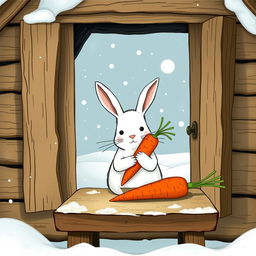 In a charming winter scene, a small white rabbit is nestled inside a cozy little wooden cabin, cradling a single bright red carrot in its arms