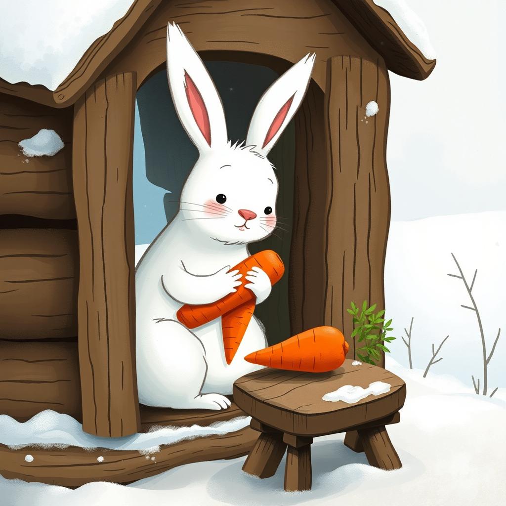 In a charming winter scene, a small white rabbit is nestled inside a cozy little wooden cabin, cradling a single bright red carrot in its arms