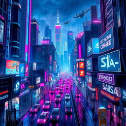 A vibrant and bustling cyberpunk cityscape at night, filled with towering skyscrapers adorned with neon lights in shades of blue, pink, and purple