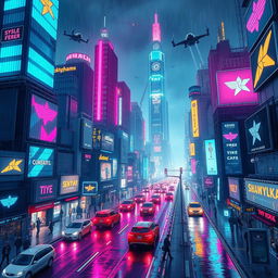 A vibrant and bustling cyberpunk cityscape at night, filled with towering skyscrapers adorned with neon lights in shades of blue, pink, and purple