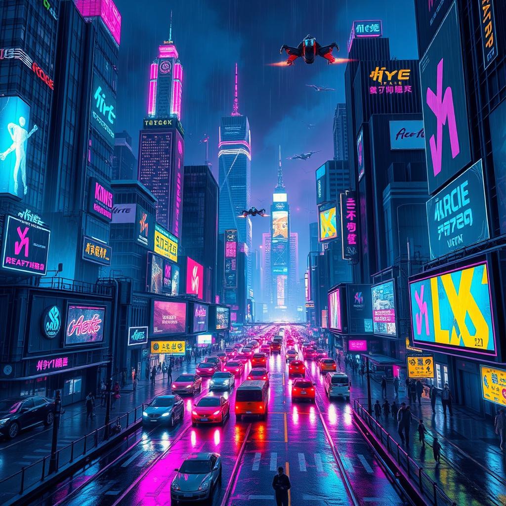 A vibrant and bustling cyberpunk cityscape at night, filled with towering skyscrapers adorned with neon lights in shades of blue, pink, and purple