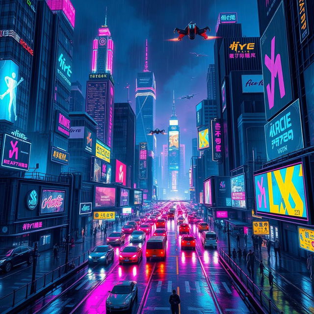 A vibrant and bustling cyberpunk cityscape at night, filled with towering skyscrapers adorned with neon lights in shades of blue, pink, and purple
