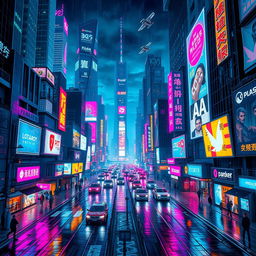 A vibrant and bustling cyberpunk cityscape at night, filled with towering skyscrapers adorned with neon lights in shades of blue, pink, and purple
