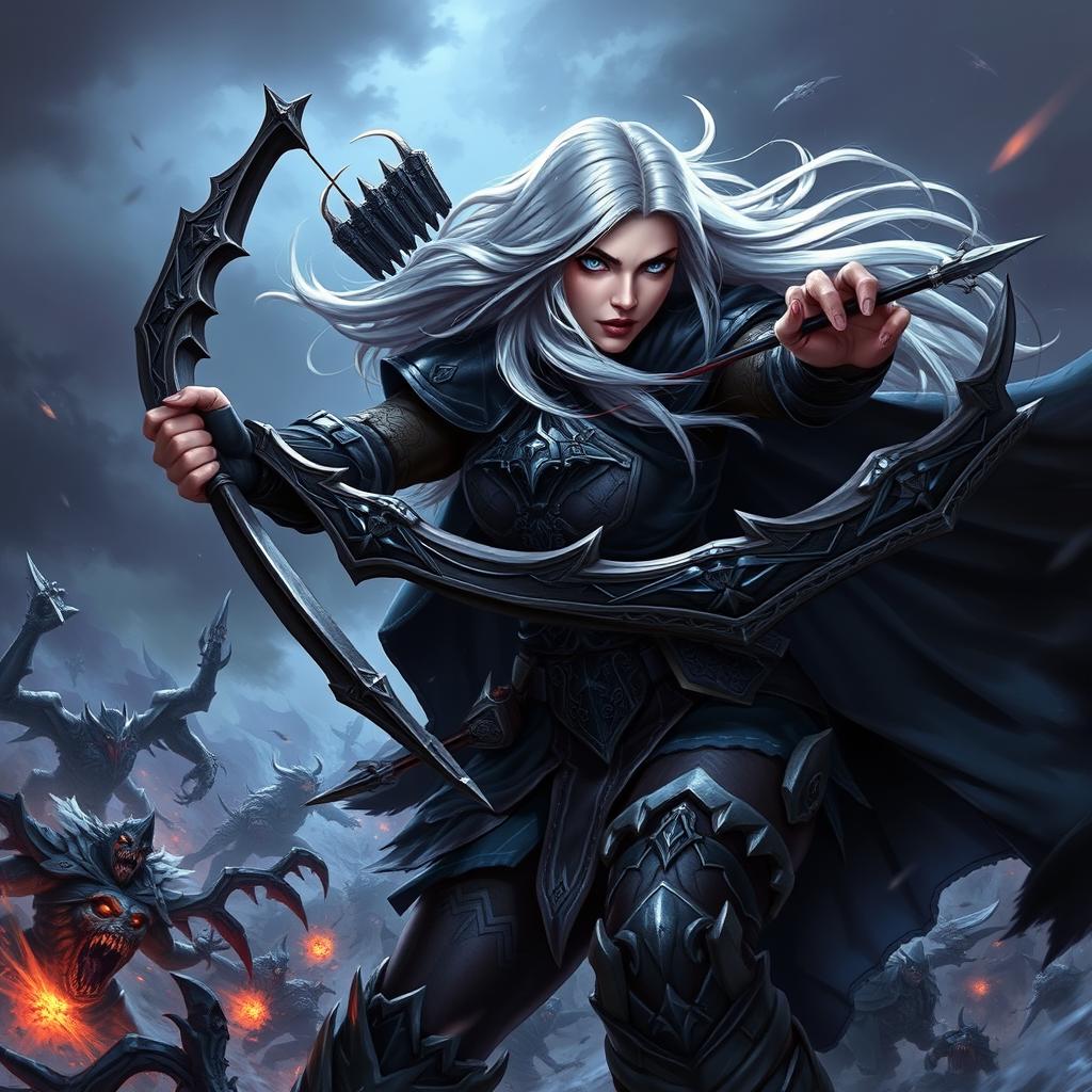 A dynamic illustration of Sylvanas Windrunner, the iconic character from Warcraft, fiercely engaged in battle