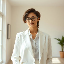 A stylish person wearing fashionable glasses, with a serene expression, dressed in an all-white outfit