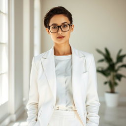 A stylish person wearing fashionable glasses, with a serene expression, dressed in an all-white outfit