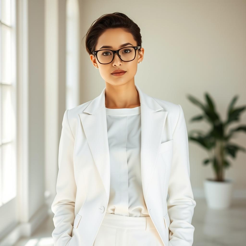 A stylish person wearing fashionable glasses, with a serene expression, dressed in an all-white outfit