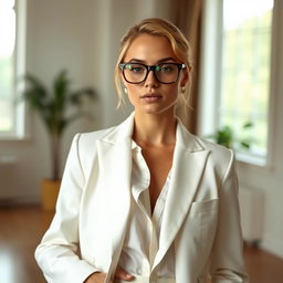 A stylish person wearing fashionable glasses, with a serene expression, dressed in an all-white outfit