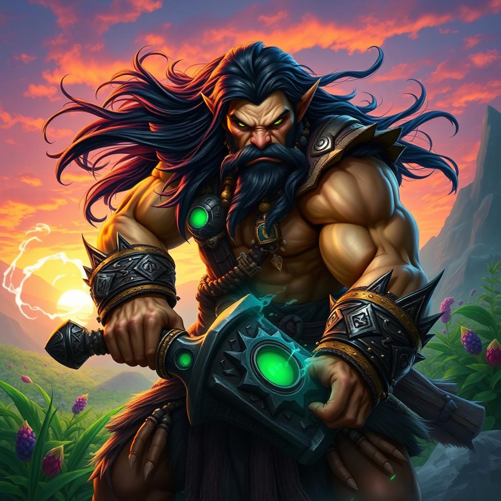 A striking portrayal of one of the key characters from the Warcraft universe, showcasing Thrall, the legendary Orc shaman