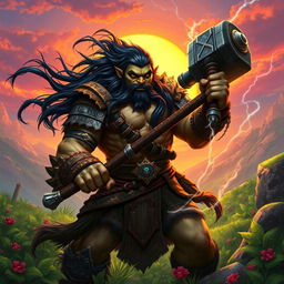 A striking portrayal of one of the key characters from the Warcraft universe, showcasing Thrall, the legendary Orc shaman