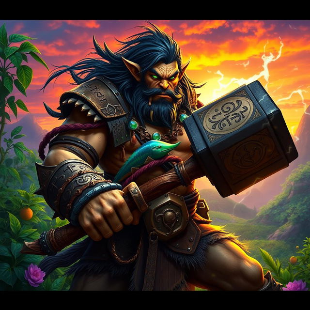 A striking portrayal of one of the key characters from the Warcraft universe, showcasing Thrall, the legendary Orc shaman