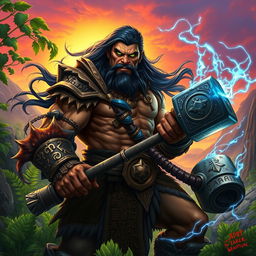 A striking portrayal of one of the key characters from the Warcraft universe, showcasing Thrall, the legendary Orc shaman