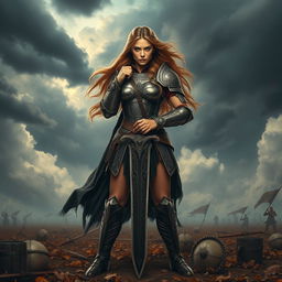 A powerful warrior woman standing confidently on a battlefield