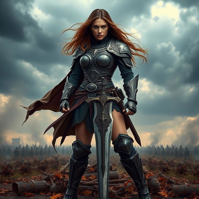 A powerful warrior woman standing confidently on a battlefield