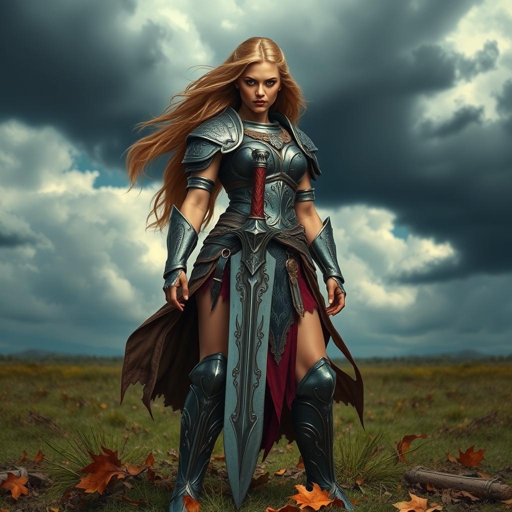 A powerful warrior woman standing confidently on a battlefield