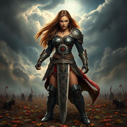 A powerful warrior woman standing confidently on a battlefield