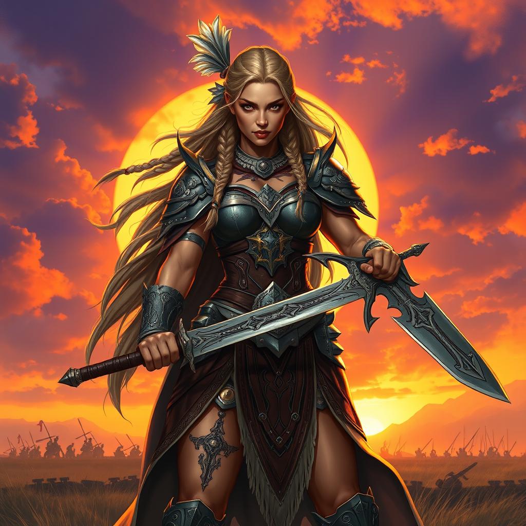 A fierce warrior woman standing tall on a battlefield, showcasing her strength and confidence