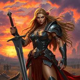 A fierce warrior woman standing tall on a battlefield, showcasing her strength and confidence