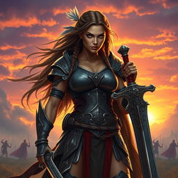 A fierce warrior woman standing tall on a battlefield, showcasing her strength and confidence