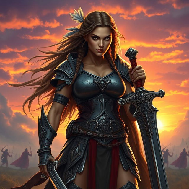 A fierce warrior woman standing tall on a battlefield, showcasing her strength and confidence