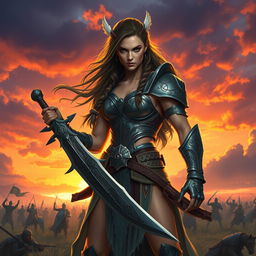 A fierce warrior woman standing tall on a battlefield, showcasing her strength and confidence