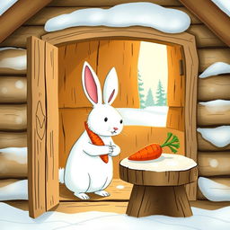 In a cozy winter scene, a small white rabbit is inside a charming wooden cabin, gently holding a bright red carrot in its arms