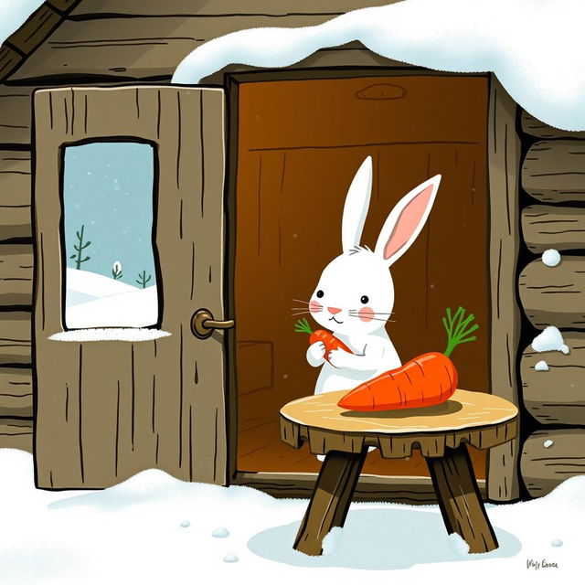 In a cozy winter scene, a small white rabbit is inside a charming wooden cabin, gently holding a bright red carrot in its arms