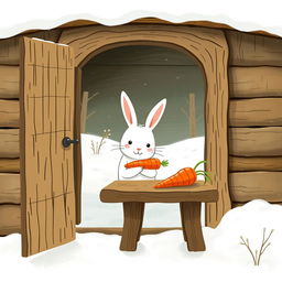 In a cozy winter scene, a small white rabbit is inside a charming wooden cabin, gently holding a bright red carrot in its arms