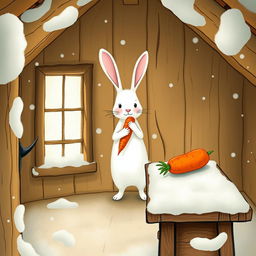 Inside a wintery little wooden cabin, a small white rabbit stands proudly while holding a bright red carrot in its arms