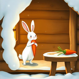 Inside a wintery little wooden cabin, a small white rabbit stands proudly while holding a bright red carrot in its arms