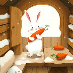 Inside a wintery little wooden cabin, a small white rabbit stands proudly while holding a bright red carrot in its arms