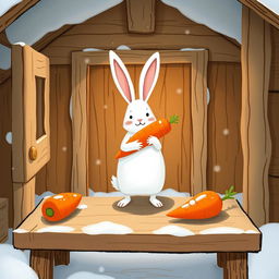 Inside a wintery little wooden cabin, a small white rabbit stands proudly while holding a bright red carrot in its arms