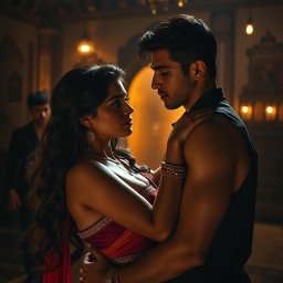 A dramatic scene set in a traditional Middle Eastern setting, featuring an exotic, beautiful woman with striking features, long dark hair, and wearing vibrant traditional attire that accentuates her curves