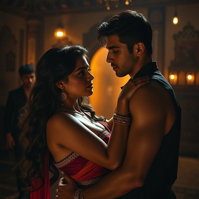 A dramatic scene set in a traditional Middle Eastern setting, featuring an exotic, beautiful woman with striking features, long dark hair, and wearing vibrant traditional attire that accentuates her curves