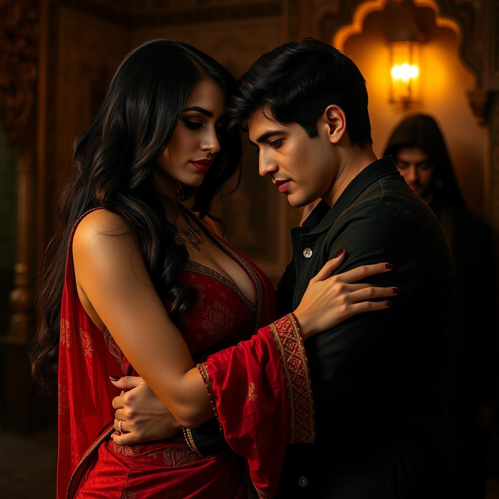 A dramatic scene set in a traditional Middle Eastern setting, featuring an exotic, beautiful woman with striking features, long dark hair, and wearing vibrant traditional attire that accentuates her curves