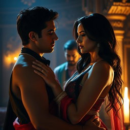 A dramatic scene set in a traditional Middle Eastern setting, featuring an exotic, beautiful woman with striking features, long dark hair, and wearing vibrant traditional attire that accentuates her curves
