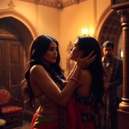 A dramatic scene set in a traditional Middle Eastern setting, featuring an exotic, beautiful woman with striking features, long dark hair, and wearing vibrant traditional attire that accentuates her curves