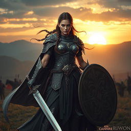 A fierce and determined female warrior standing confidently on a battlefield