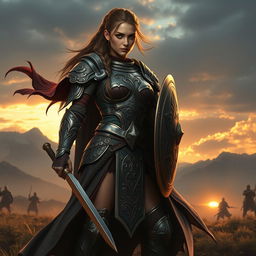 A fierce and determined female warrior standing confidently on a battlefield
