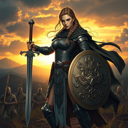 A fierce and determined female warrior standing confidently on a battlefield