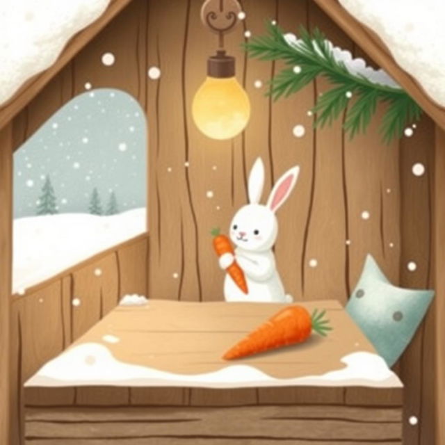 A cozy winter scene inside a small wooden cabin, where it is snowing outside