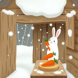 A cozy winter scene inside a small wooden cabin, where it is snowing outside