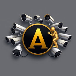 An advertising card for a surveillance systems installation workshop featuring a prominent logo with the letter 'A' in the center