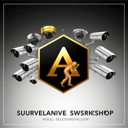 An advertising card for a surveillance systems installation workshop featuring a prominent logo with the letter 'A' in the center